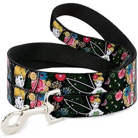 Buckle-Down Pet Leash - Tinker Bell Poses/Sleeping Floral Collage - 6 Feet Long - 1/2" Wide