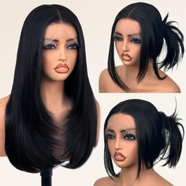 Synthetic Lace Front Wig Wear and Go Glueless Wig 26 Inches Pre Plucked 13x5x1 Straight HD Lace Wigs for Black Women (#1B Natural Black, 26 Inch)