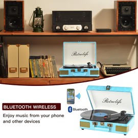 Record Player 3 Speed Bluetooth Portable Suitcase Vinyl Player with Built-in Speakers Turntable Enhanced Audio Sound PU Leather Vintage