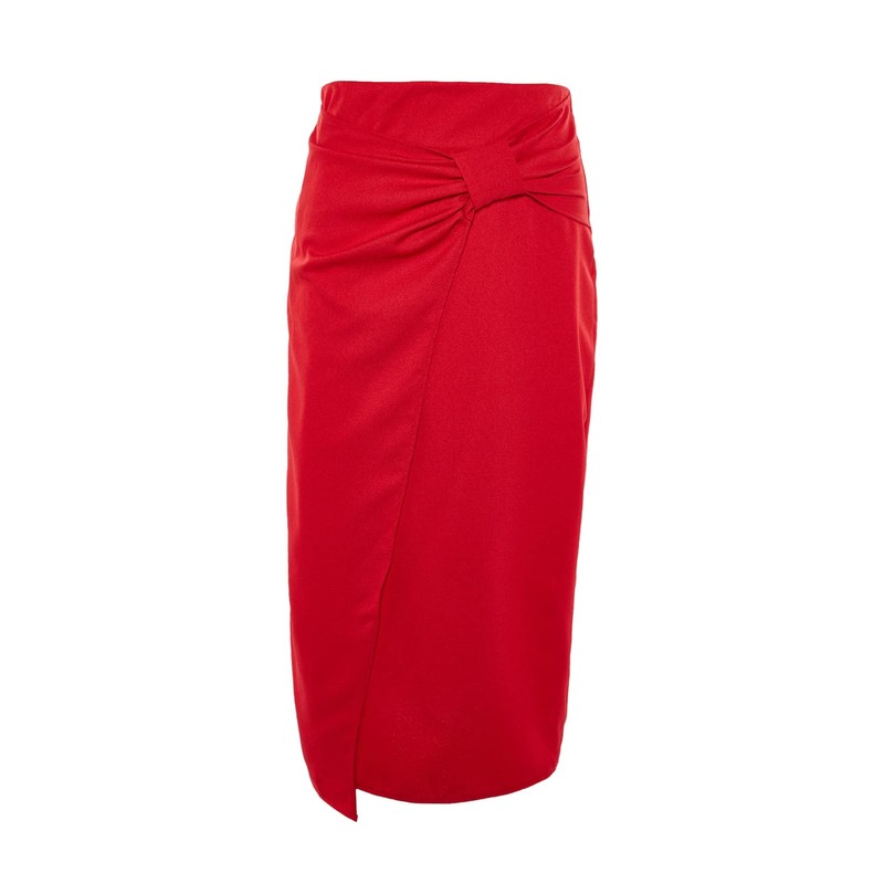 TRENDYOL Women's Midi Asymmetric Pencil Skirt, Woven Fabric Skirt, red