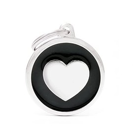 My Family Pet ID Tag Made in Italy, Large Black Heart Circle, Hand Enamelled in Metal, Classic Collection, 32x37 mm