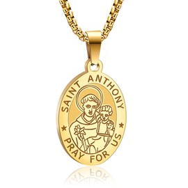 Yaumatea St. Anthony of Padua Necklace, Patron Saint of Lost Things, Protection Medal, Catholic Gift, Stainless Steel 24" Chain (Gold)