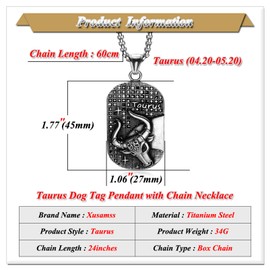 Xusamss Punk Rock Titanium Steel Twelve Constellation Dog Tag Pendant Crystal Necklace,24" Box Chain