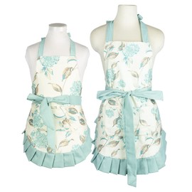 NEOVIVA Cooking Aprons with Pockets for Mama and Me, Double-Layered Bib Apron for Cooking, Baking, BBQ and Gardening, Style Kathy, Floral Hydrangea Clear Aqua