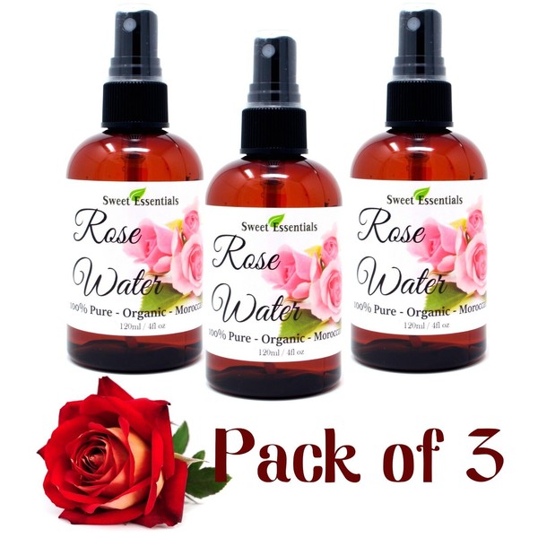 Organic Rose Water | 4oz Spray | Pack of 3 | Imported from Morocco | 100% Pure