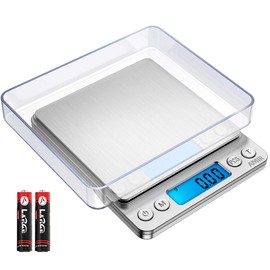(Upgraded) AMIR Digital Kitchen Scale, 500g Mini Pocket Jewelry Scale, Food Scale, Coffee Scale, Back-Lit LCD Display, 2 Trays, 6 Units, Auto Off, Tare, PCS, Stainless Steel (Batteries Included)