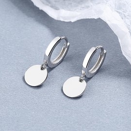Simple Coin Disc Dangle Hoop Earrings for Women Girls Round Circle Cartilage Earring Small Huggie Hoops Drop Minimalist Jewelry Gifts Hypoallergenic (Silvery)
