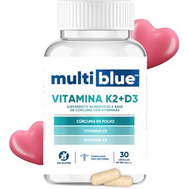 Vitamina D3 K2 30 Cápsulas de 550mg | Combinación Óptima de Vitaminas con Cúrcuma | 100% Natural, Sin Gluten, Keto Friendly, Vegano | Multivitaminico Soporte Nutricional Avanzado | MULTIBLUE
