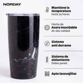 NORDAY | Stainless Steel Cups – Tumblers | 20oz Black Marble Thermal Tumbler | Maintains Temperature Between 8 and 24 Hours | Anti-Spill Lid - Ideal For Trips | Double Wall - Extra Resistant
