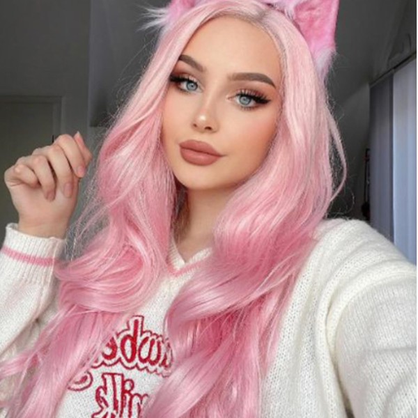 AFBeauty Pink Lace Front Wigs Long Body Wave Glueless Rose Gold Synthetic Lace Front Wigs for Fashion Women Baby Pink Heat Resistant Fiber Hair Realistic Hairline Party Drag Queen Halloween 24 Inch
