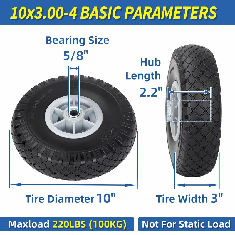 Gicool 10x3.00-4 Flat Free Tire, 10" Heavy Duty Replacement Tire