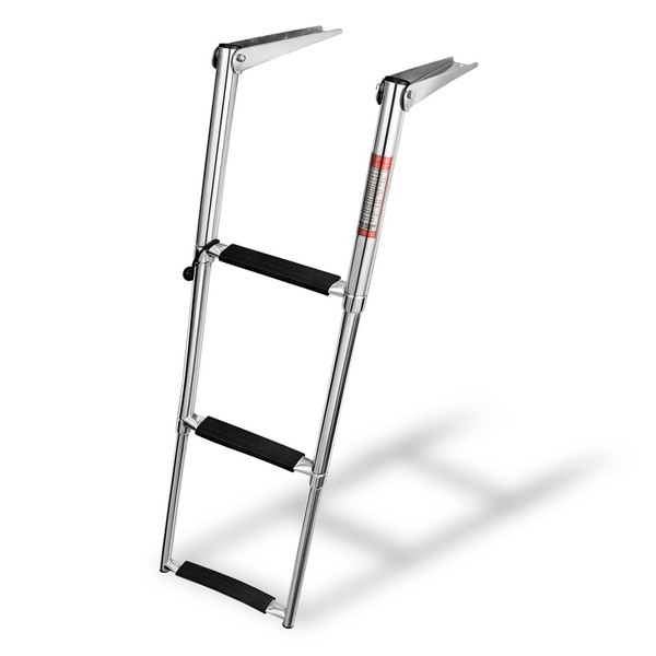 Young Marine Stainless Steel Drop Down Telescopic and Folding Boat Ladder with White Plastic Footboard,Over Platform Mounting (3 Steps Black)