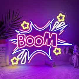 Boom Neon Sign, Colourful Boom LED Signs, Wall Decoration for Playroom, Bedroom, Club, Party, Man Cave, Living Room, Star Dimmable Neon Sign, Gift for Teenagers, Men, Women, USB Powered (12.4 x 16.7