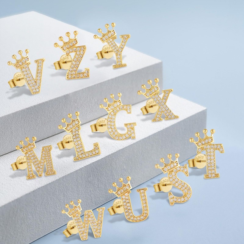 Crown Initial Stud Earrings for Girls, 14K Gold Plated S925