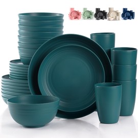 Green Unbreakable Plates and Bowls Sets Microwave and Dishwasher Safe,Dark Green Dinnerware Sets for 8,Christmas Reusable Plastic Dishes Set Lightweight for Kids Elderly Kitchen Adults Camping Outdoor