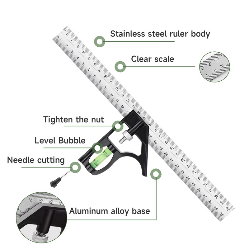 Set Square 300mm/12Inch - Stainless Steel Combination Square with Bubble