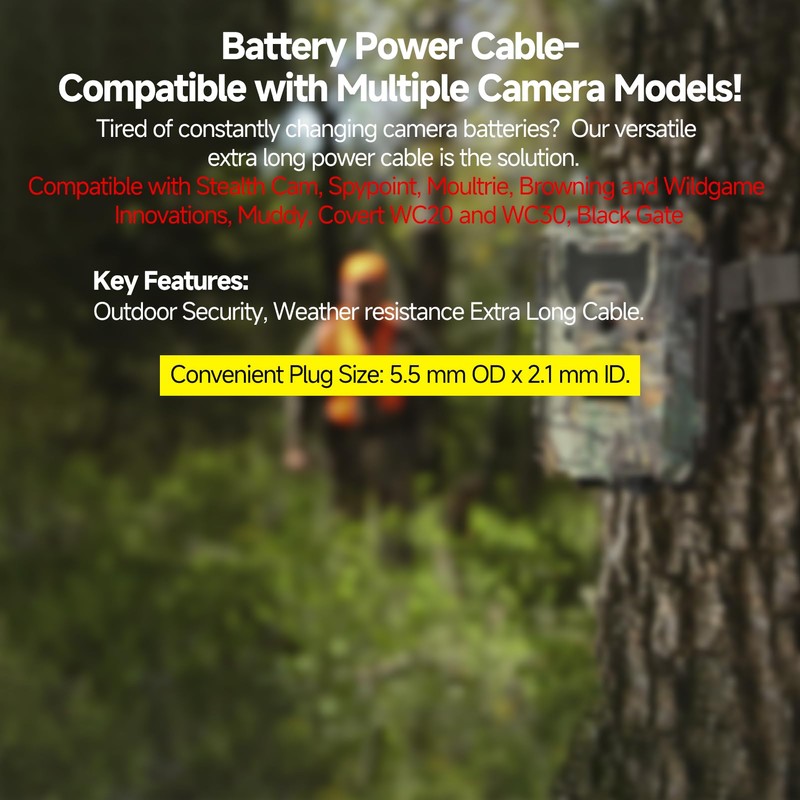 Durable Chew Proof Trail Camera Power Cable fits Stealth Cam,Spypoint,Moultrie,Browning,Wildgame