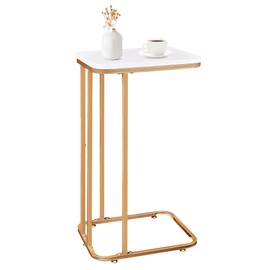 KJGKK C Shaped End Table, 27 inches High Side Table for Couch Sofa Bed, Small Tv Tray, for Living Room, Bedroom, Metal Frame, Gold & White