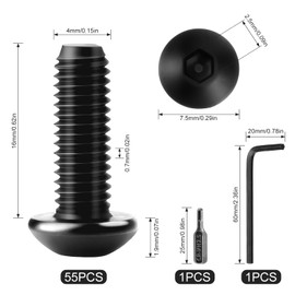 XRXYMQ Pack of 55 M4 Screws Black Rounded Head Screws M4 x 16 mm Flat Head Screws Hex Socket M4 Screws with Allen Key and Hex Socket Bit Screw for DIY Projects and Maintenance