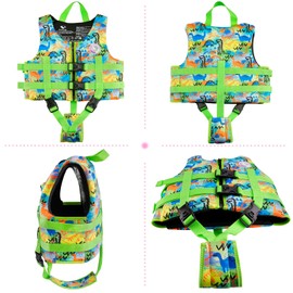 Pottwal Swim Vest for Kids - Swim Jacket for 1-3 Years (17.5-39.5LBS) - Buoyancy Aid Made of Neoprene & EPE - with Adjustable Crotch Strap - Green Dinosaurs