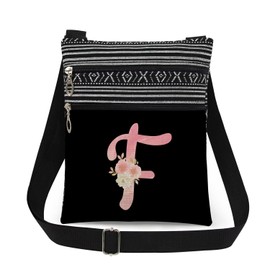 XiaoGalaee Pink Art Letter F Crossbody Bag Gilded Floral Print with F Letter Messenger Bag Daily Use Adjustable Strap Crossbody Purse Birthday Gift Valentine Present​​ for Adult Bridesmaid Gift