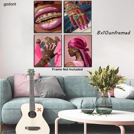 Godont 4pcs Pink purple black girl poster African American Black Women Painting Fashionable magnificent Black Girl Wall Images Suitable For Black and Pink Room Decoration pictures 8x10unframed
