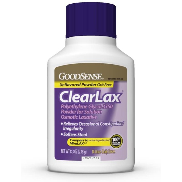 Good Sense ClearLax, Polyethylene Glycol 3350 Powder for Solution, Osmotic Laxative, No Artificial Color No Artificial flavort, 8.3 Ounce (Pack of 1)