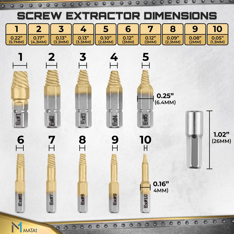 Mata1 - Screw Extractor Set for Stripped, Broken, Damaged Screws
