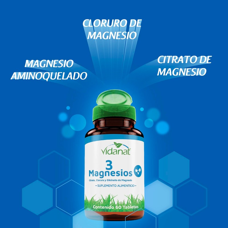 Vidanat 3 Magnesios 60 Tabletas | Bisglicinato de magnesio, citrato
