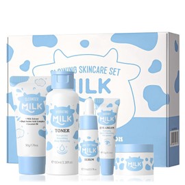 5PCS Hydrating Milk Skincare - Skin Care For Teens 10-12 - Milk Extract Skin Care For Kids - Skincare For Girls 10-12 With Toner,Serum,Cream,Celanser,Eye Cream - Kids Skin Care For All Skin