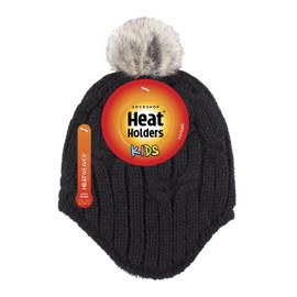HEAT HOLDERS - Girls Cable Knitted Beanie Hat with Pom Pom Bobble for Winter | Warm Thermal Insulated Hat (3-6 Years, Black)