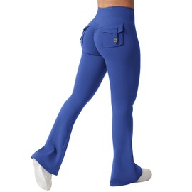 QOQ Flare Leggings with Pockets for Women Workout Scrunch Flare Leggings Tummy Control Gym Yoga Pants Wide Leg Sapphire L