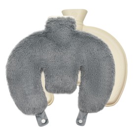 Yiomxhi Neck Hot Water Bottle with Soft Cover, 1 Litre U-Shaped Hot Water Bottle for Neck Shoulder for Warmth Comfort, Leak-Proof Fluffy Bed Bottle for Women Adults (Grey)