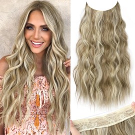 KooKaStyle Invisible Wire Hair Extensions with Transparent Headband Adjustable Size 4 Secure Clips Long Wavy Secret Wire Hairpiece 20 Inch for Women(Dirty Blonde Mixed Bleach Blonde/10H24#)