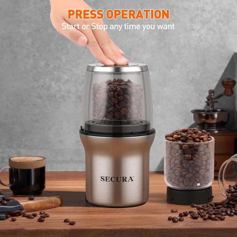 Secura Coffee Grinder Electric, Spice Grinder, Dual Glass Bowls for