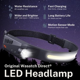 Wasatch Direct The Original Rechargeable LED Headlamp - 1000 Lumens, 230° Wide Beam with Motion Sensor, Waterproof for Camping, Hiking, Night Running, Fishing, Cycling, and More