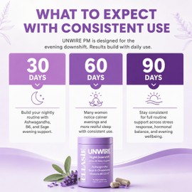 ELLASIE UNWIRE PM — Ashwagandha Cortisol & Hormone Balance Supplement for Women — Stress & Sleep Support with Chasteberry (Vitex), Sage, Vitamin B6, D3, K2 — 60 Vegan Capsules, 1 Month Supply