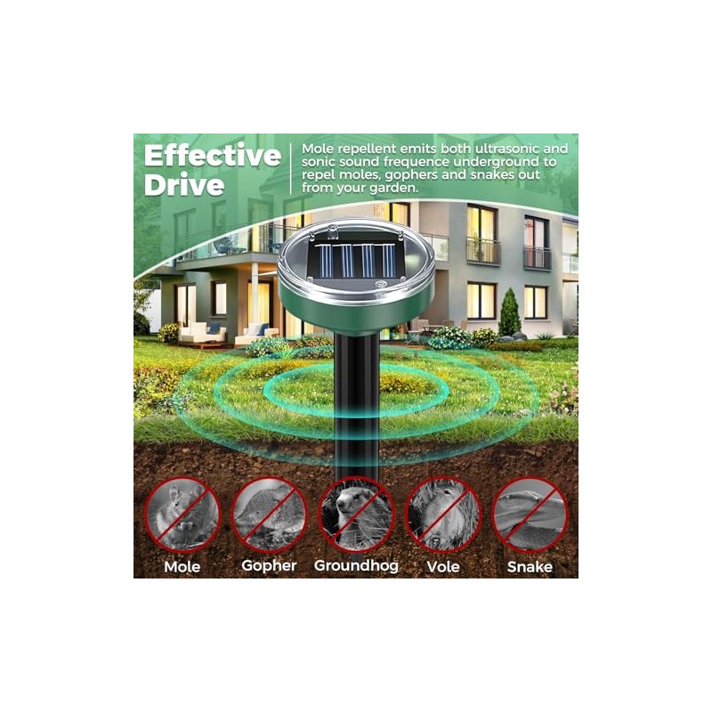 Solar Powered Mole Repellent 10 Pack, Effective Ultrasonic Gopher Repeller
