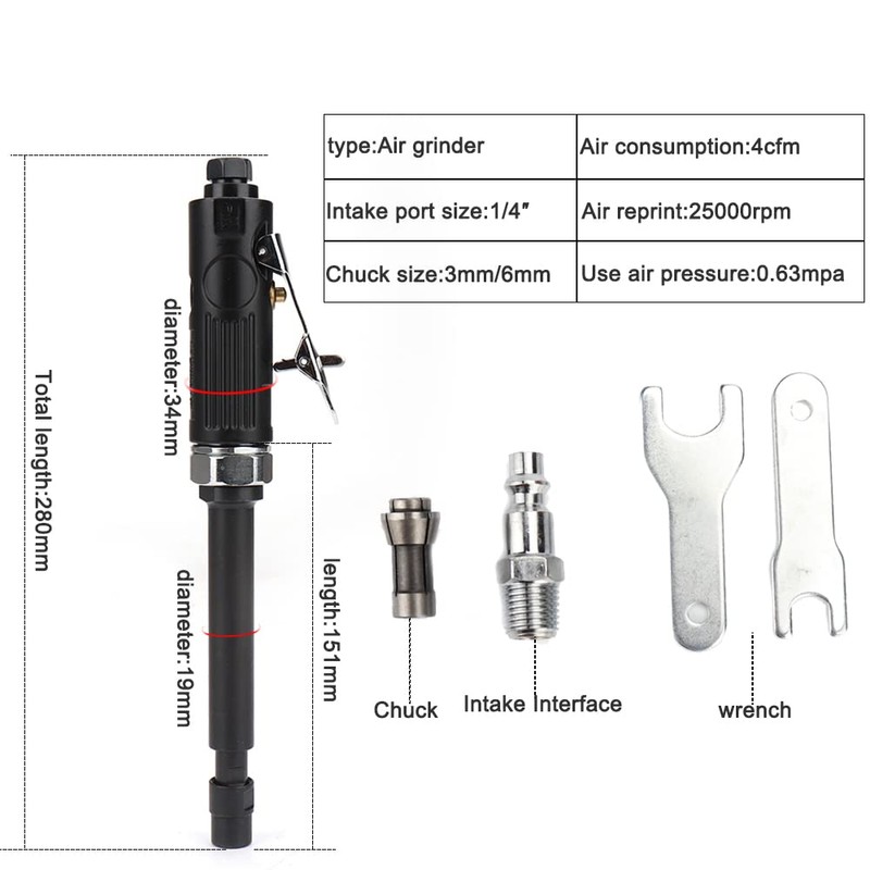 Baisiky 11" Extra Long Extension 1/4“ Straight Air Die Grinder,