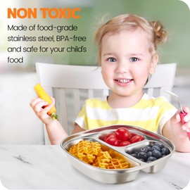 MIMORE Stainless Steel Kids Plates - 5 Pack Toddler Plates with Lids - Non Toxic & Divided (Stainless Steel)