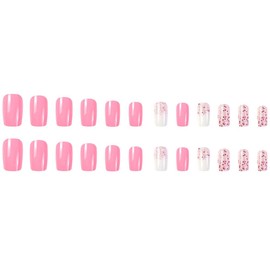 24PCS Medium False Nails with Glue Stickers,Coffin Full Cover Acrylic Nails Press on Nails no Glue,Pink Glitter French Fake Nails Stick on Nails for Women and Girls Nail Art