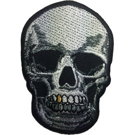 Realistic Skull Dead Biker Horror Skeleton Skull Golden Tooth Biker Punk Rock Ride Motorcycle Jacket DIY Applique Embroidered Sewing Iron on Patch (GOLDEN-TOOTH)