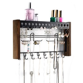 Rustic Wood Wall Mount Jewelry Organizer with Metal Hooks for Necklaces Earrings and Bracelets (Wood) : MK460A