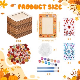 Fovths 24 Packs Thanksgiving Picture Painting Craft Kit with Wooden Photo Frames 150 Foam Stickers Rhinestone Paint and Brushes Fall Picture Frame Craft Gifts Arts & Crafts Activity Supplies