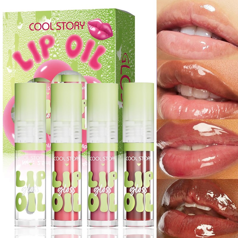 NEARPOW 4PCS Lip Oil Hidratante y Lip Gloss, Brillo de