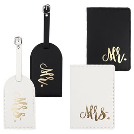 QERUTK 2 Sets Mr and Mrs Bridal Luggage Tags Set, Passport Covers and Luggage Tags, Honeymoon Travel Luggage Tags, Leather Travel Accessories Identifier Tags Card Holders for Couples Wedding Bridal