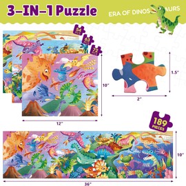 ELX 72 Piece Dinosaur World Jigsaw Puzzle for Kids 3+, 3 in 1 Jurassic animals Floor Puzzle for Preschool Learning (36 X 10 in)
