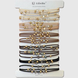 UDeBe 10pcs Brown Hair Ties with Gold & Crystal Beads, Thin Elastic Ponytail Holders for Women, No Damage, Stylish Hair Accessories