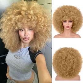 Color Circle Short Afro Wig for Black Women 70s Big Afro Kinky Curly Wig with Bangs Glueless Wear and Go Natural Looking Synthetic Hair 10 inches Wig For Daily Party Use（Black） (Blonde)