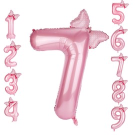 Pink Number Balloons with Mini Bow, 40 Inch Large Number Balloons Just Wanna be One Birthday Pink Theme Birthday Decorations Party Supplies for Girls Daughter (Number 7)